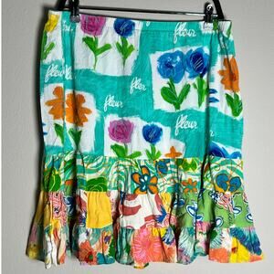 Jams World Fleur Floral Tiered Ruffle Trim Flared Mini Skirt XL Tropical Teal